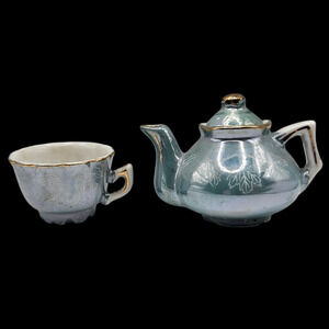 Vintage Mini Tea Set Teapot Cup Blue Green Leaf Gold Trim Ceramic